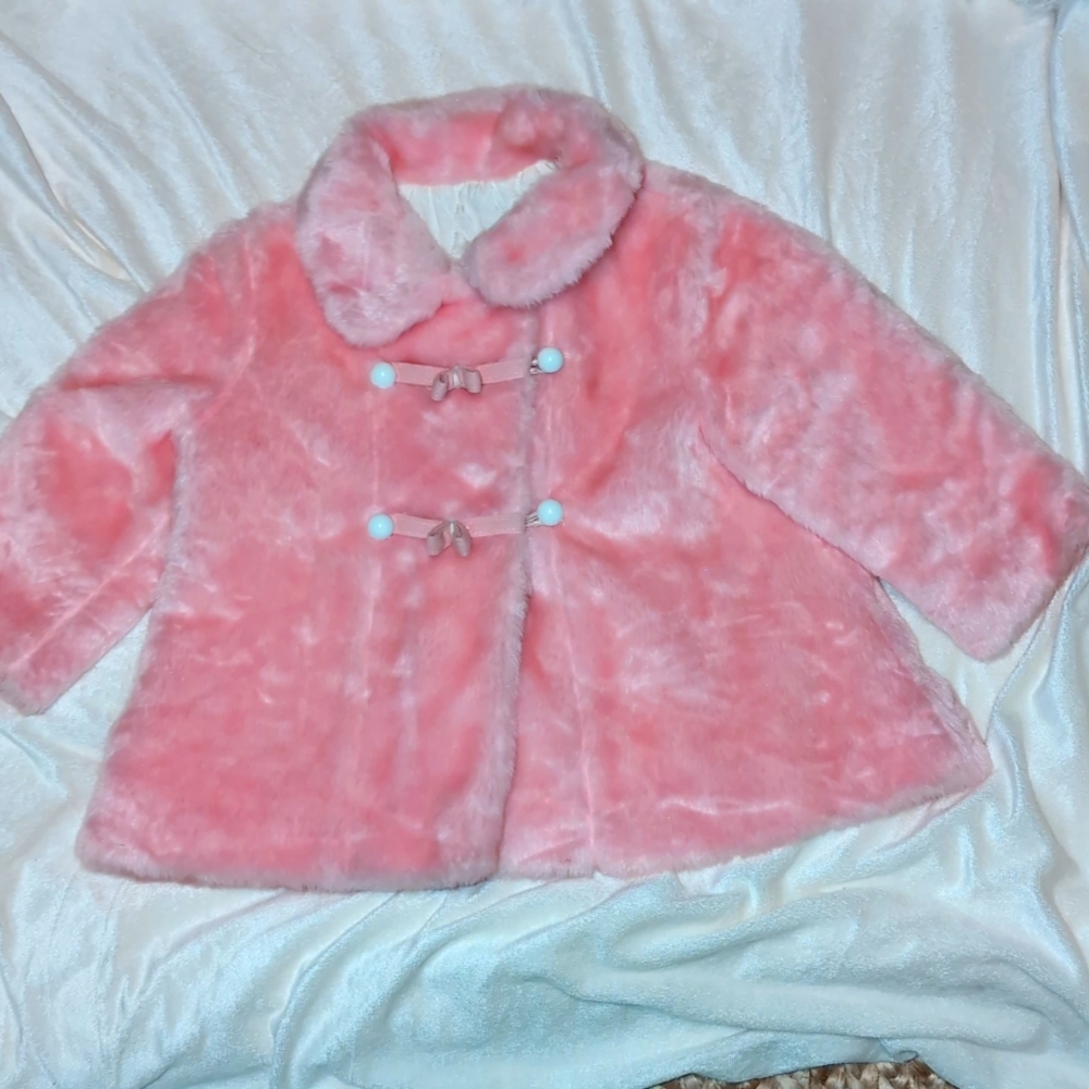 Vintage 1960's Girl's 18 Month Pink Faux Fur Button Down Jacket